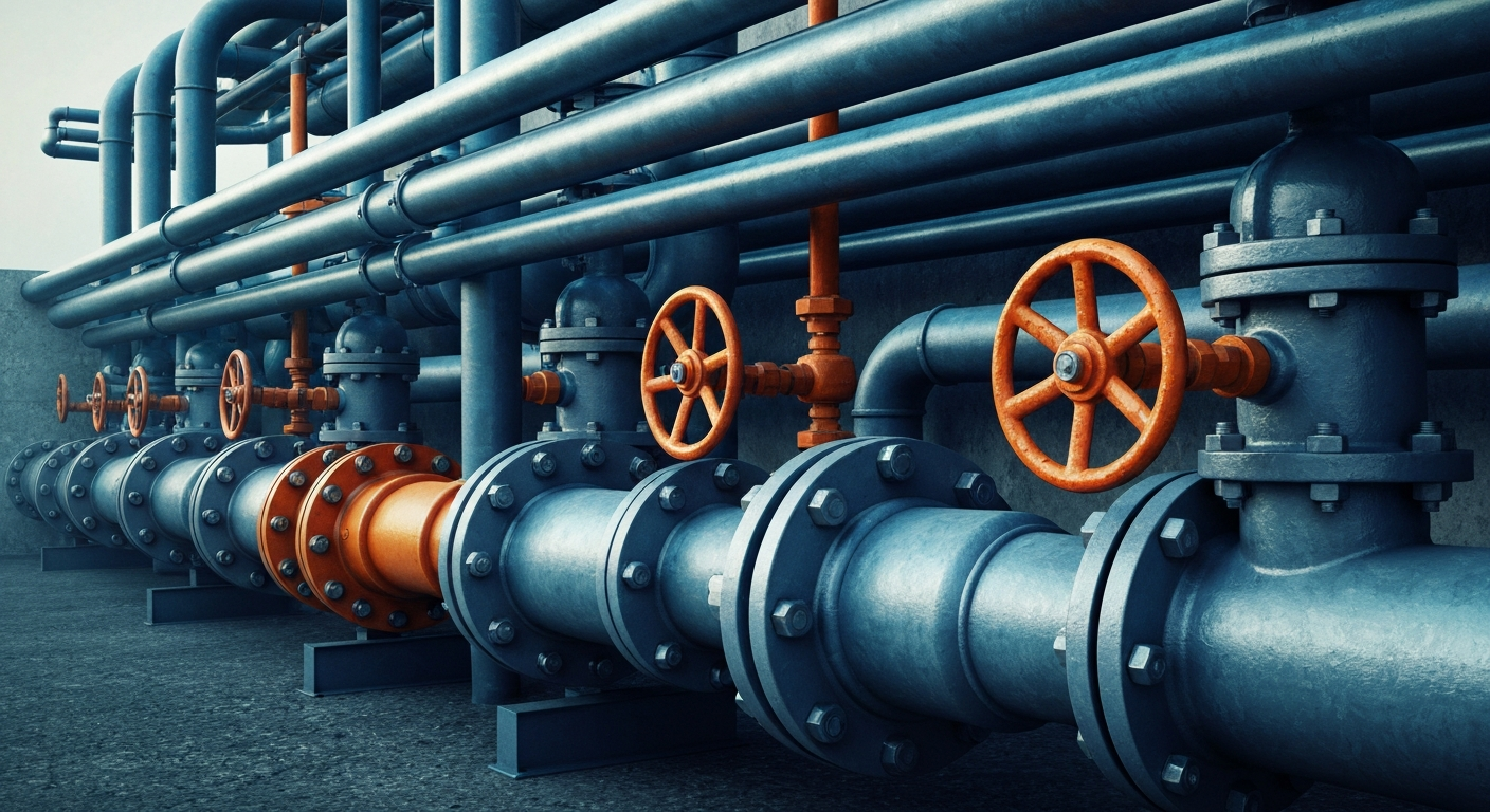 An extreme close-up of heavy, industrial water utility machinery in muted metallic tones, conveying the tangible, physical assets that power a water company's operations.