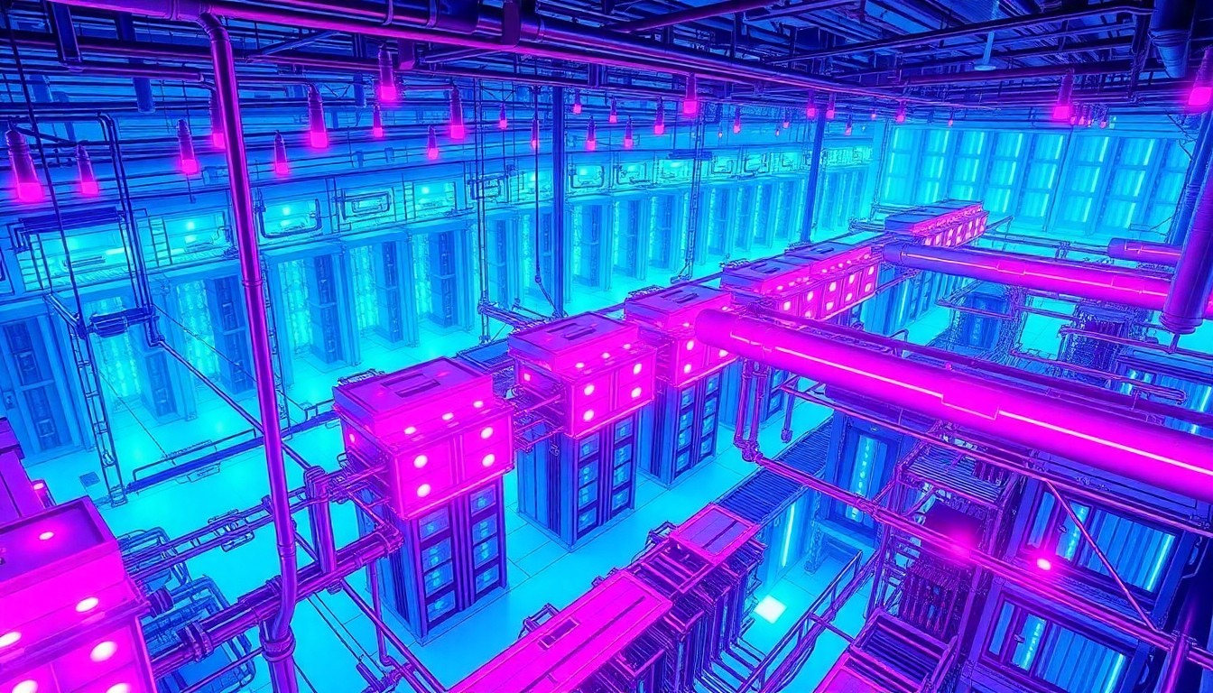 A highly detailed, glowing 3D illustration of a futuristic data center facility, with intricate cybernetic infrastructure and neon cyan and magenta lights illuminating the complex, conceptually representing the immense scale and technological sophistication of these hyperscale data hubs.