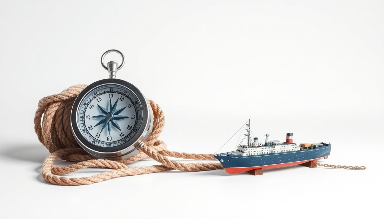 A photorealistic studio still life featuring a polished metal compass, a coiled rope, and a small model ship, symbolizing the challenges and opportunities of navigating new shipping routes in the Arctic.