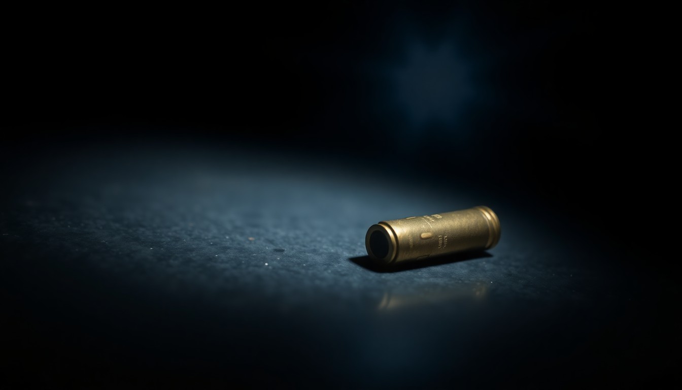 An extreme close-up photograph of a single spent bullet casing on a dark surface, lit by a harsh camera flash, conceptually representing the aftermath of a shooting incident.