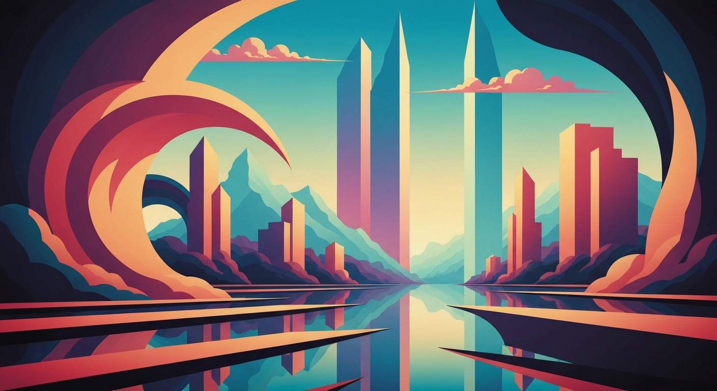 A conceptual illustration in the Art Deco Monumentalist style, featuring a sweeping, geometric composition with towering, streamlined forms and smooth gradients in shades of blue, gray, and white, capturing the grand scale and romance of the cruise industry's return to Philadelphia.