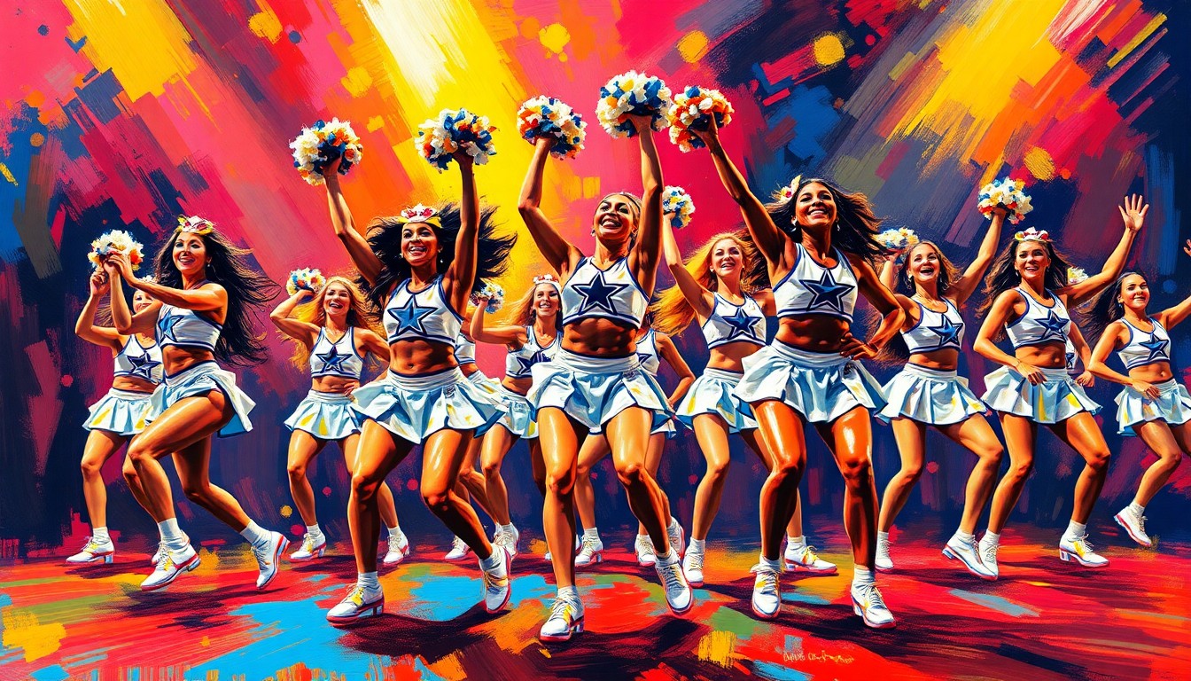An abstract, energetic painting with bold, neon-colored brushstrokes capturing the dynamic movements and athletic prowess of the Dallas Cowboys Cheerleaders performing on stage.