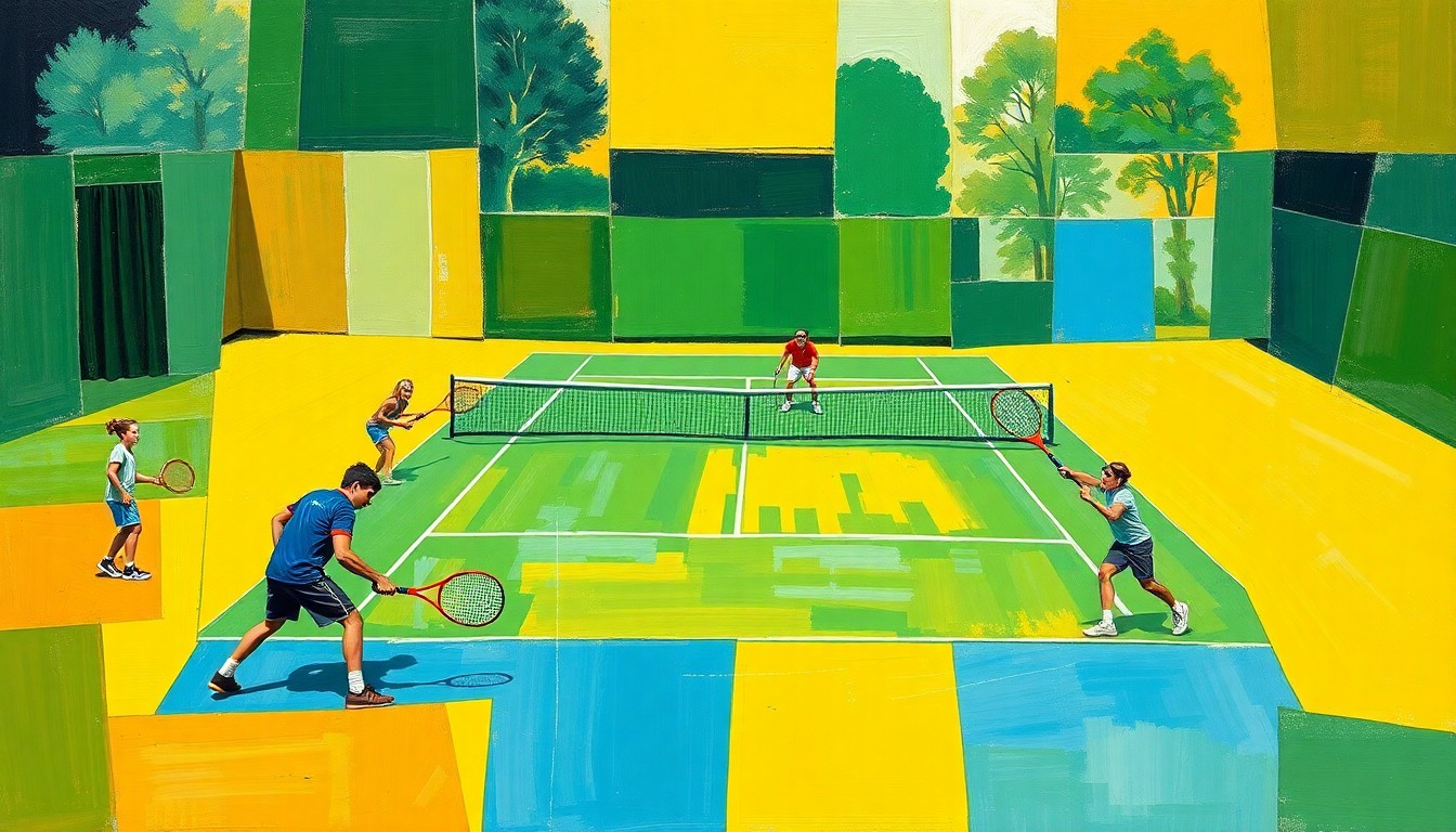 A fractured, geometric painting depicting the dynamic movements and perspectives of a high school tennis match, with sharp planes of green, yellow, and blue representing the players, rackets, and court.