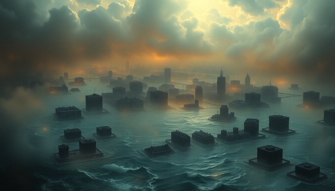 A sweeping, atmospheric landscape painting depicting a flooded urban environment, with the silhouettes of submerged buildings and infrastructure barely visible beneath the expansive, turbulent floodwaters.