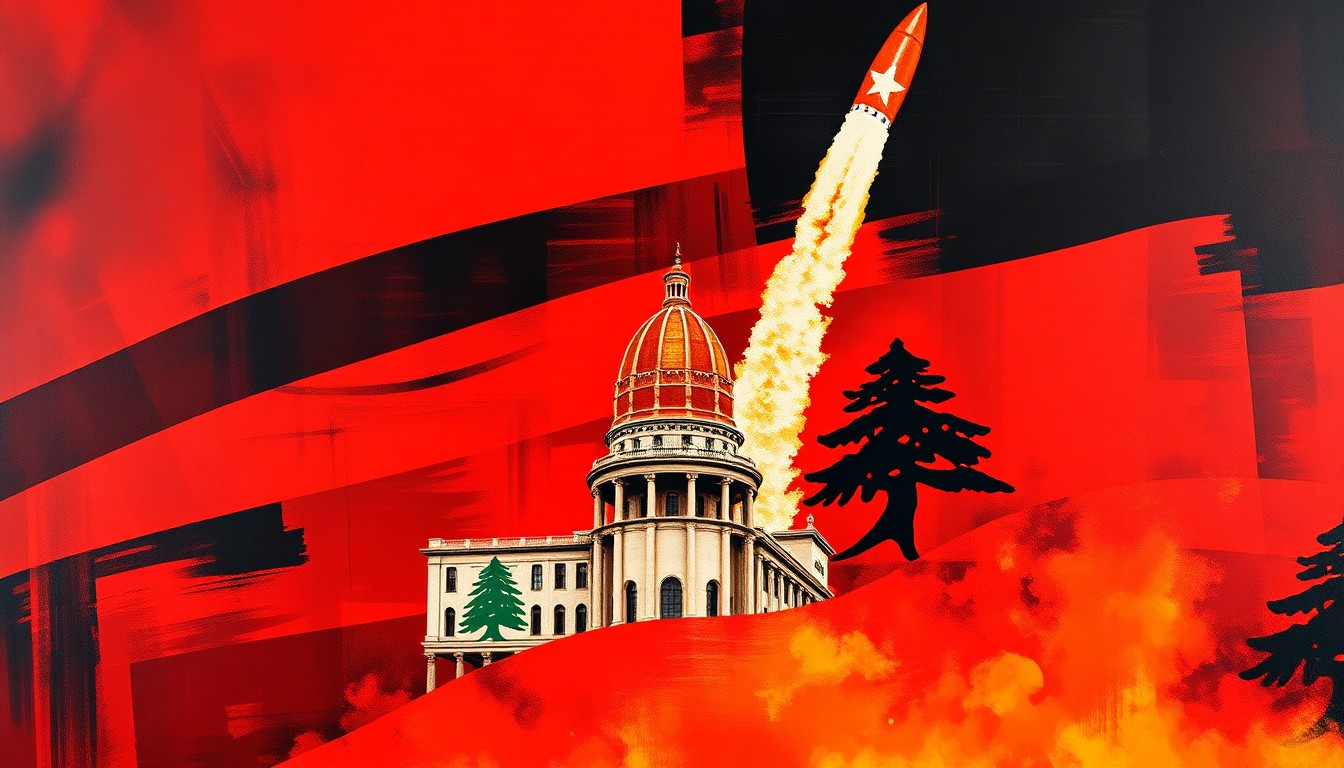 An avant-garde painting featuring overlapping, geometric shapes and waves of deep red, orange, and black, depicting fragmented images of a Hezbollah flag, a Lebanese government building, and a missile contrail, conveying the tension and instability in Lebanon.