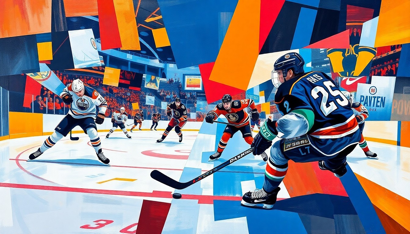A cubist-style painting depicting a hockey game between the Edmonton Oilers and Anaheim Ducks, with the players, puck, and action broken down into overlapping geometric shapes and planes in vibrant colors.