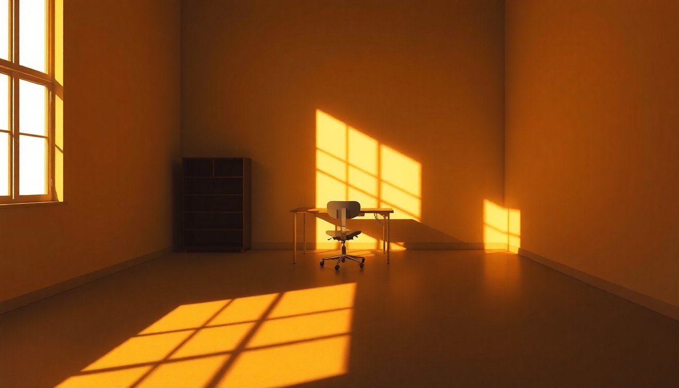 A dimly lit, cinematic office space with a lone desk and chair, the room bathed in warm, diagonal sunlight and deep shadows, conceptually representing the uncertainty surrounding the future of New Orleans' court administration.