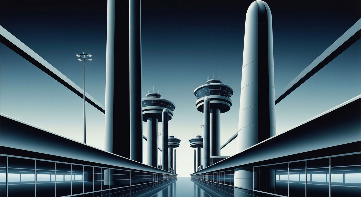 A bold, geometric illustration in the Art Deco style, depicting the towering, streamlined form of an airport terminal or control tower, with sweeping perspectives and smooth gradients in shades of blue, grey, and metallic accents, capturing the grand scale and monumental nature of air travel.