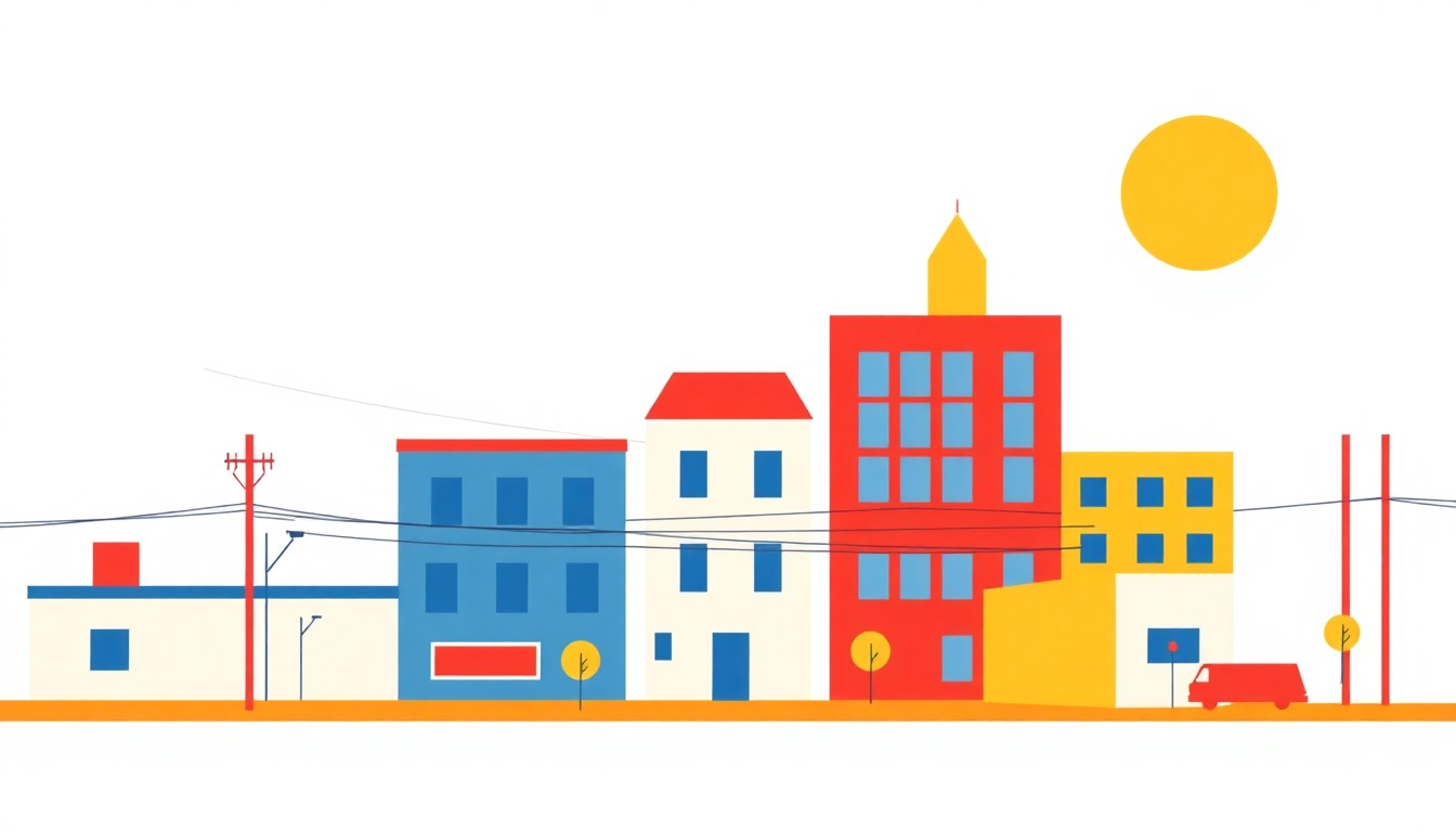 An abstract illustration composed of bold, overlapping geometric shapes in primary colors, conceptually representing the connection between financial services and community development.