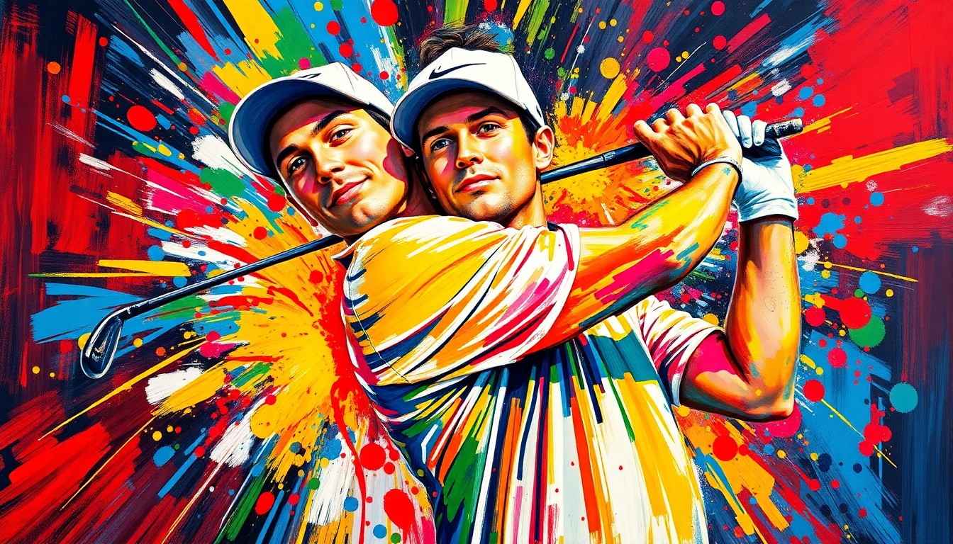 An abstract, expressionist painting in vibrant neon colors depicting the explosive energy and movement of a professional golfer mid-swing, with the golfer's face and details dissolving into unrecognizable brushstrokes.