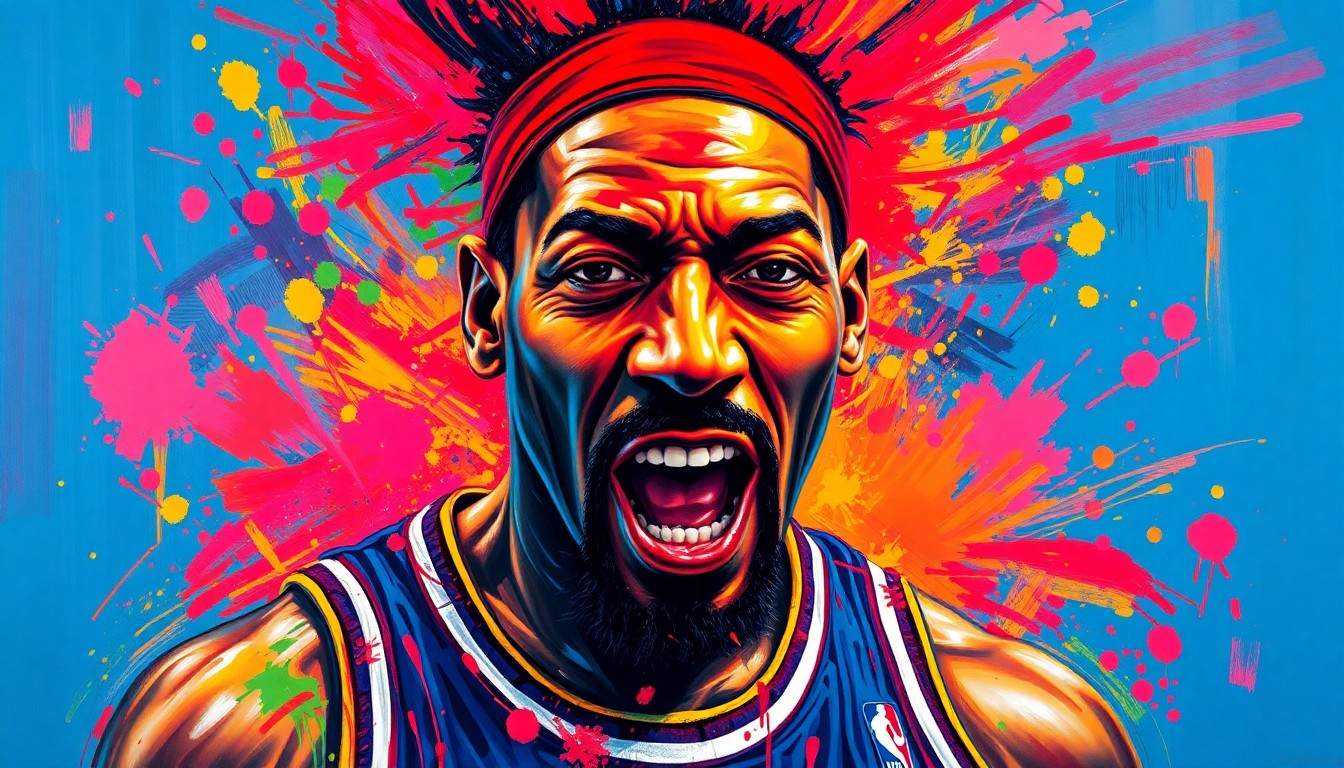 An abstract expressionist painting in neon colors, with rapid brushstrokes capturing the energy and movement of a basketball player, their face and jersey dissolving into unrecognizable splatters of paint.