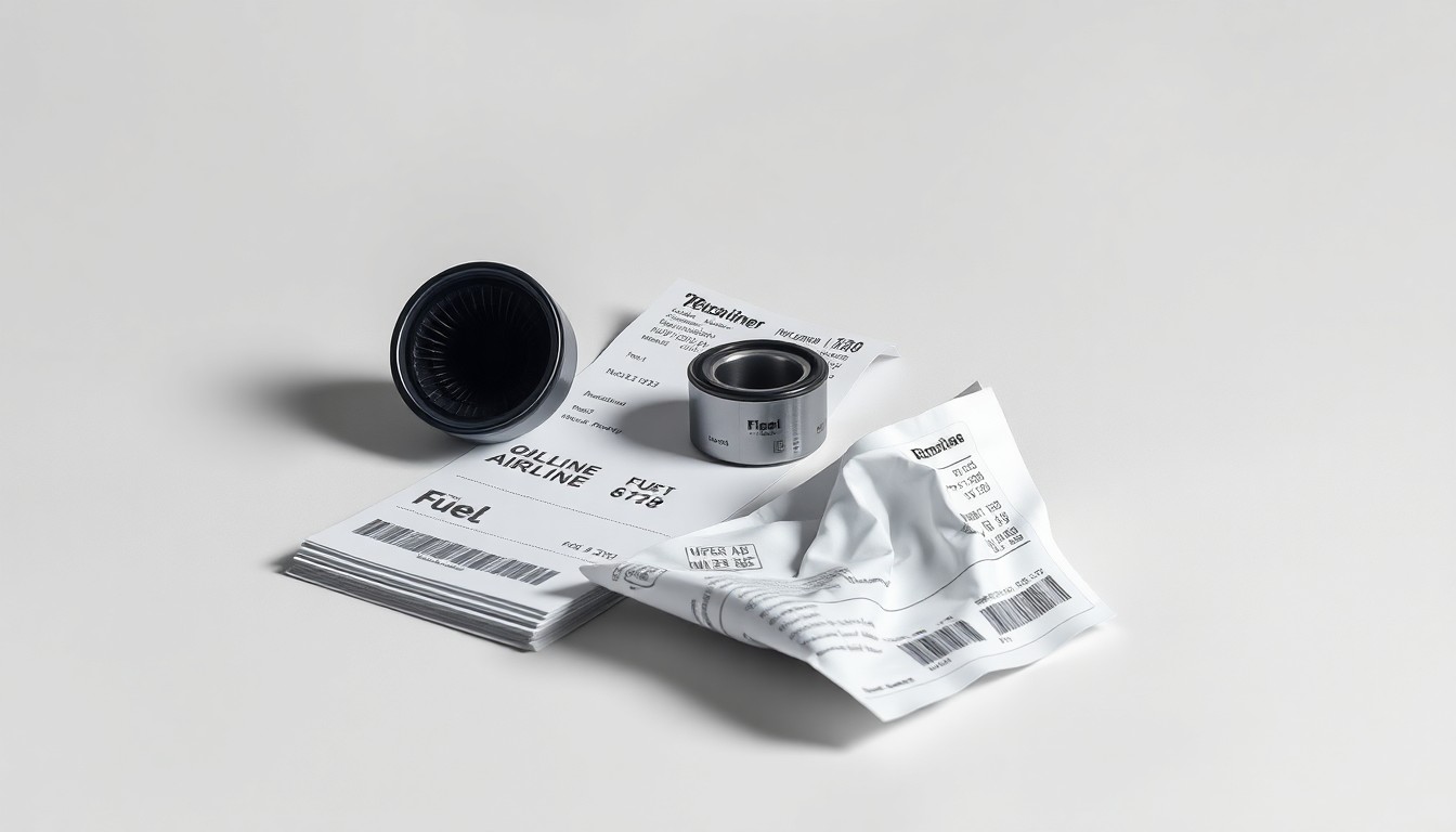 A photorealistic studio still-life featuring a stack of airline fuel receipts, a jet engine oil filter, and a crumpled airline ticket, symbolizing the financial challenges facing the airline industry due to rising fuel costs.