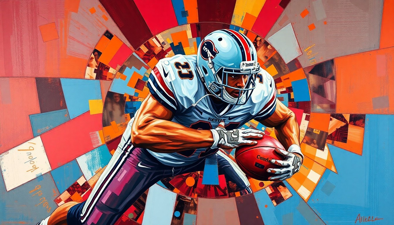 A fragmented, geometric painting depicting the powerful movements and impact of a college football defensive tackle, with sharp planes of color and form conveying the intensity of the position.