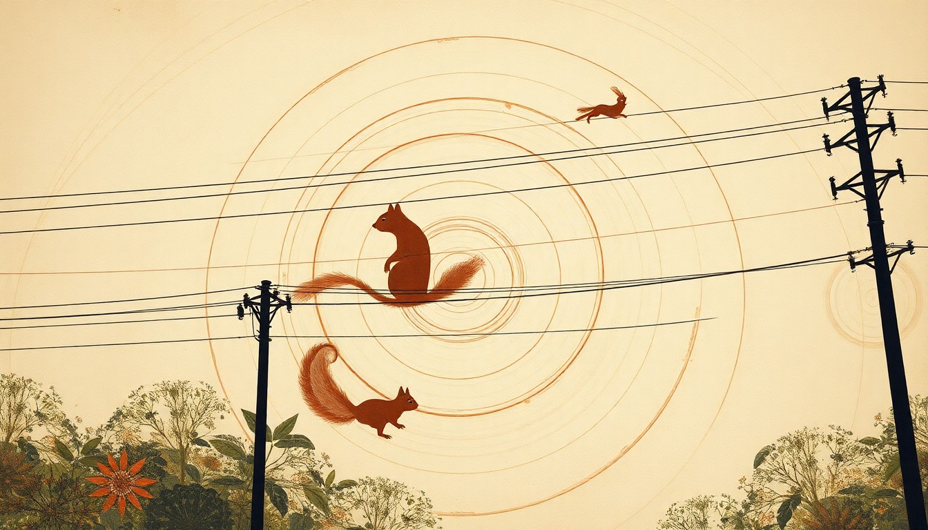 A highly structured abstract painting in muted greens, browns, and grays, featuring sweeping geometric arcs, concentric circles, and precise botanical spirals, conceptually representing the complex interplay between squirrels, power lines, and the local ecosystem in Wenatchee.