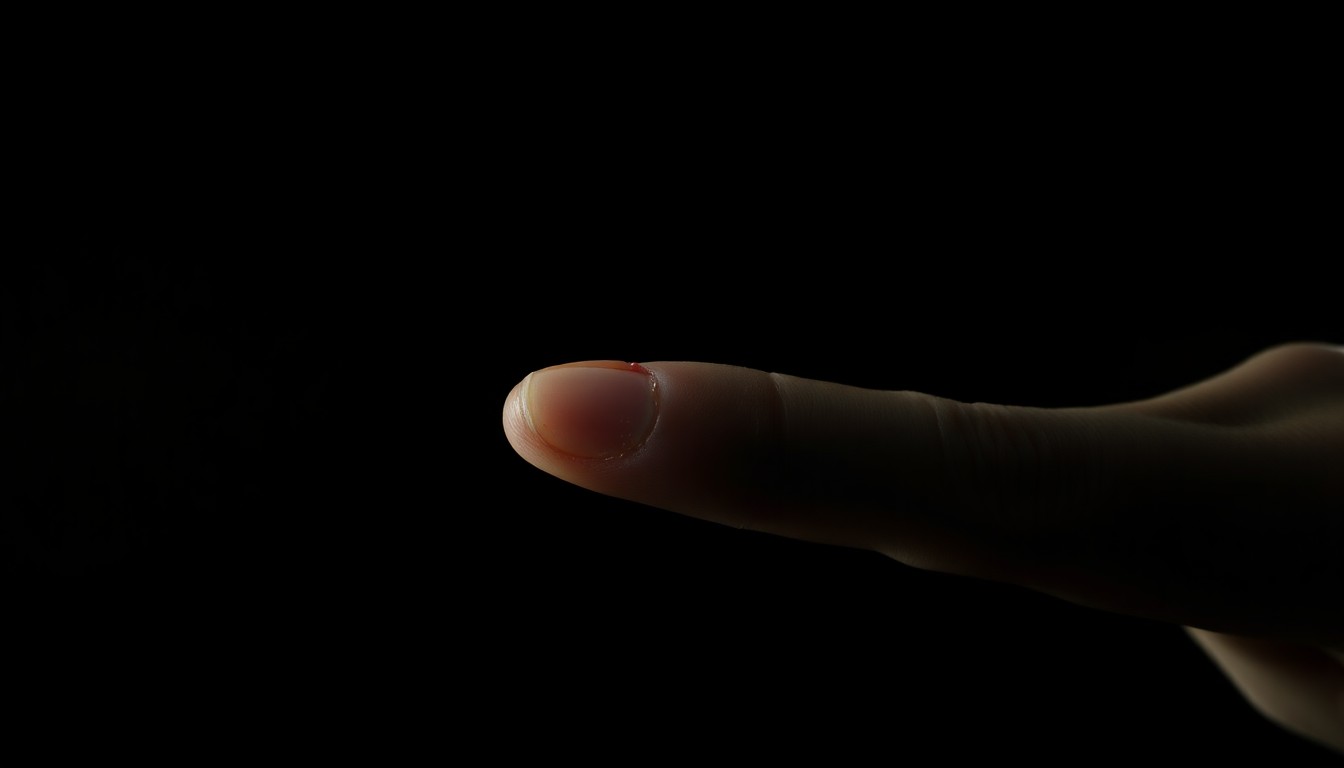 An extreme close-up photograph of a single severed human finger, lit by a harsh, direct camera flash against a pitch-black background, conveying the stark, gritty nature of the crime scene evidence.