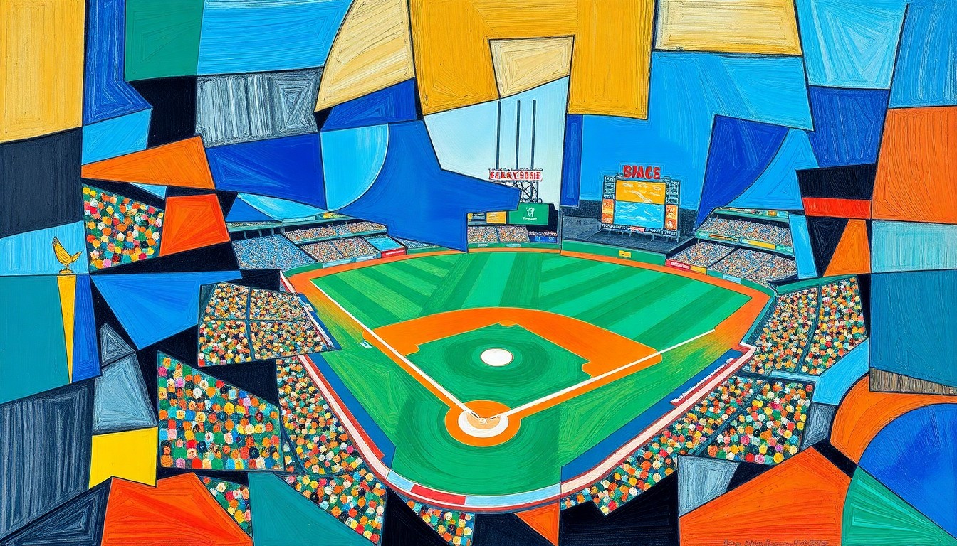 A fractured, multi-perspective painting depicting a baseball stadium scene, with the field, players, and crowd broken down into sharp, overlapping geometric shapes in vibrant colors like royal blue, orange, and emerald green.
