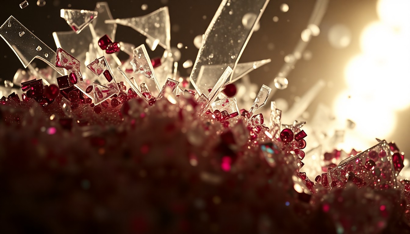 An abstract close-up image featuring shattered glass and glittering sequins, conveying the high-stakes glamour and gritty realism of the Euphoria television series.