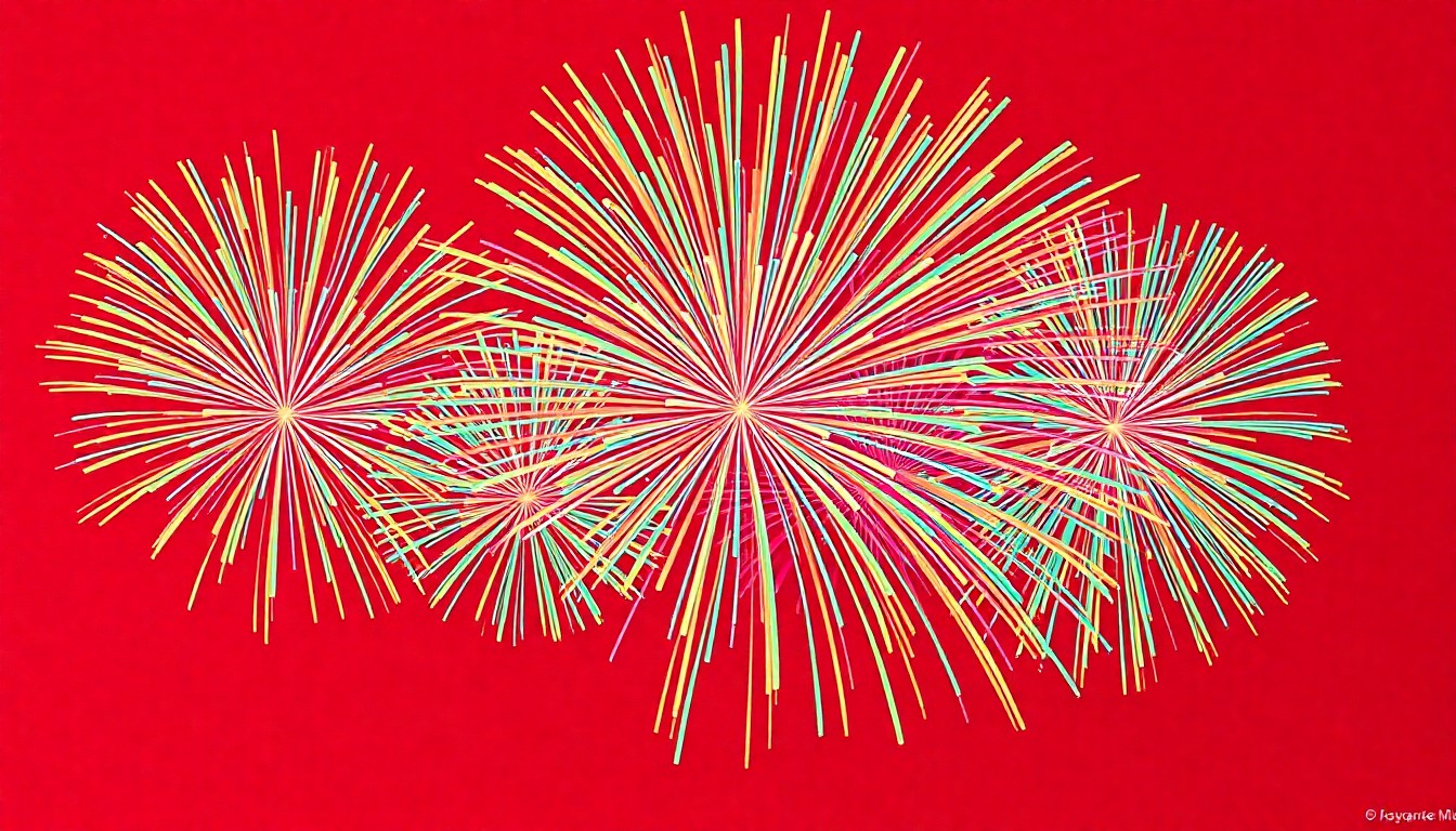 A bold, abstract silkscreen illustration featuring a repeated pattern of brightly colored fireworks explosions in a grid, conceptually representing the loss of a cherished Independence Day tradition.