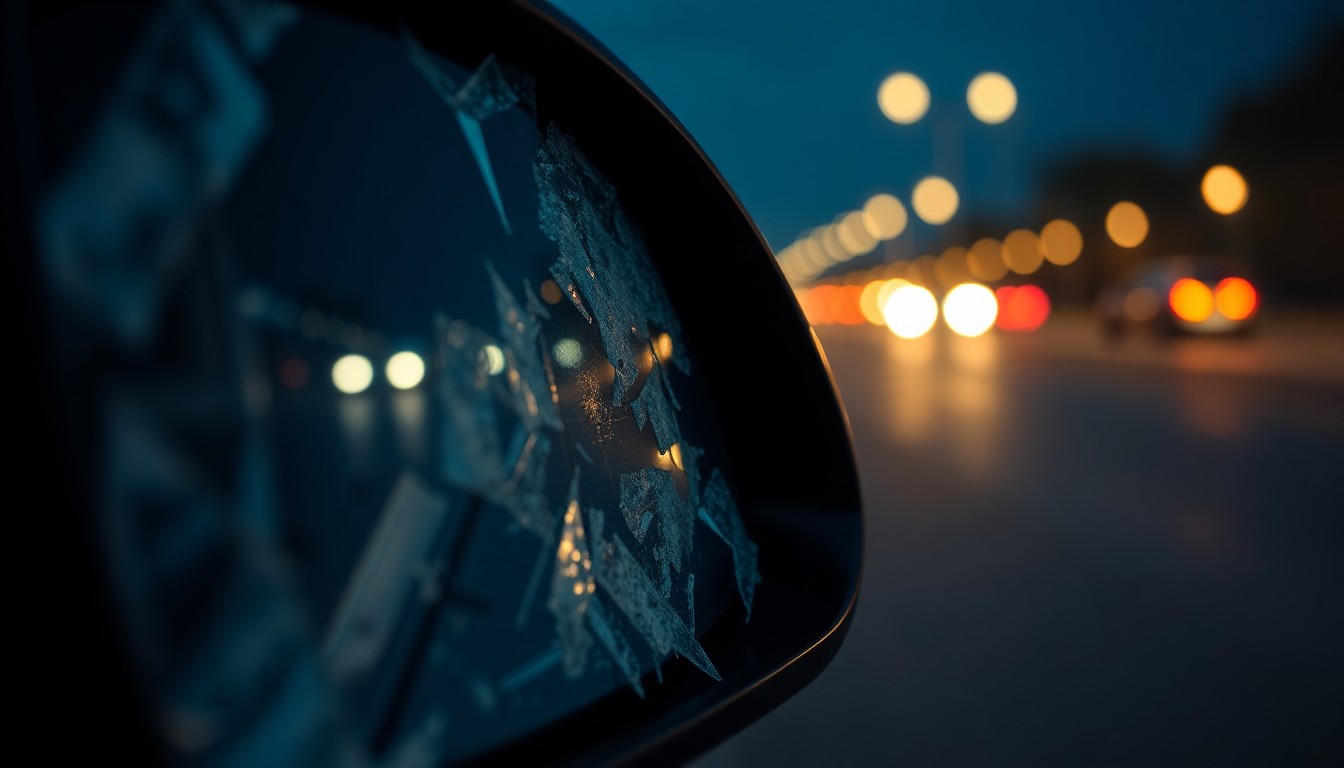 An extreme close-up photograph of a shattered car side mirror lens reflecting the faint glow of streetlights, conceptually illustrating the aftermath of a tragic incident involving a pedestrian.