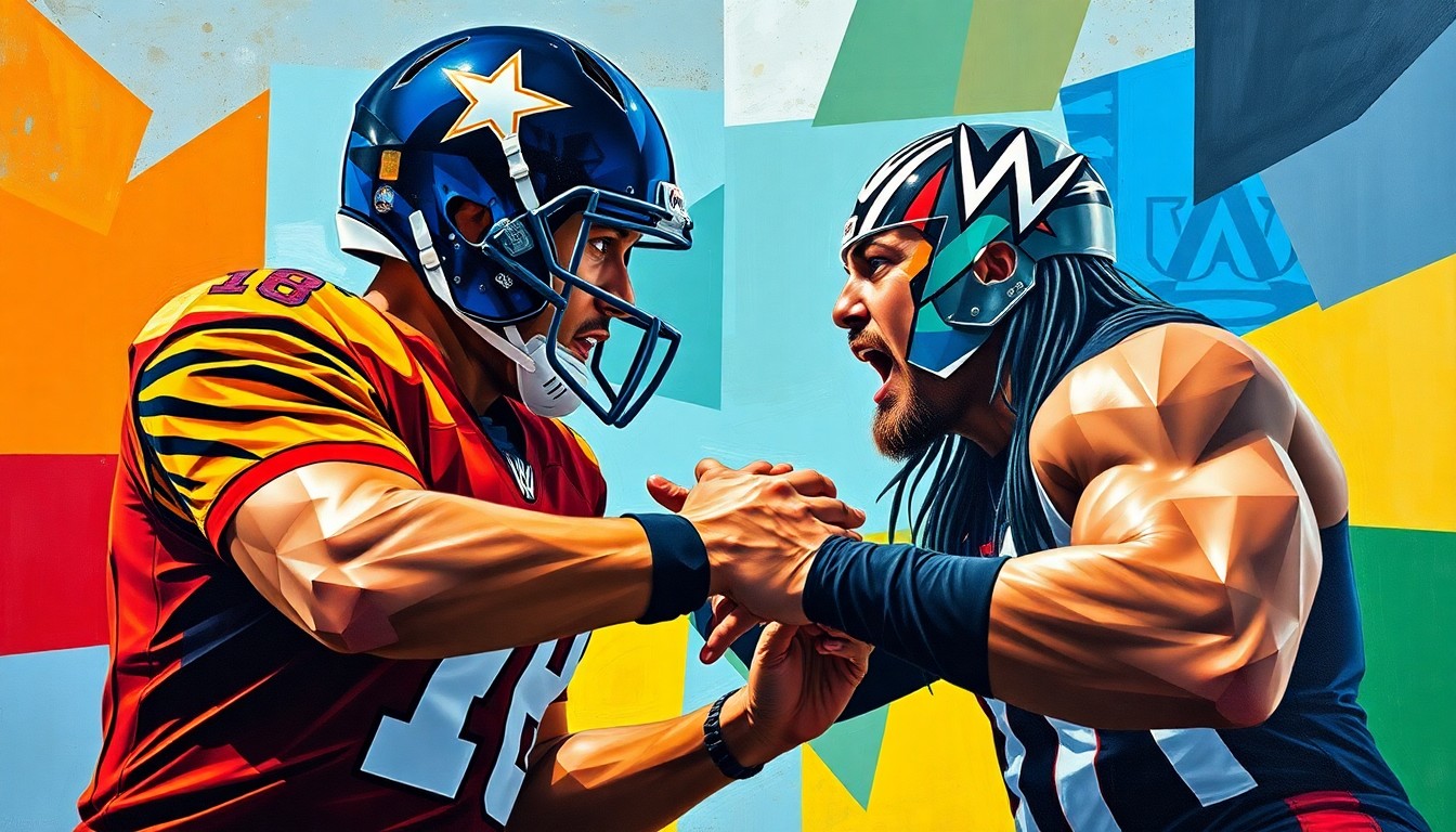 A fractured, cubist-style painting depicting a football player and a wrestler engaged in a physical confrontation, with their bodies broken down into sharp, overlapping geometric shapes and planes of vibrant colors.