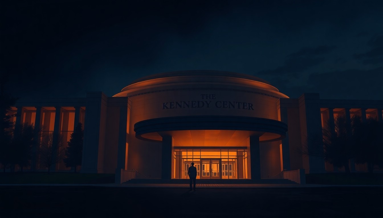 A moody, cinematic painting of the exterior of the Kennedy Center at night, with the iconic architecture bathed in warm, diagonal shadows and a lone figure standing in the foreground, conceptually representing the institution's troubled transition under new leadership.