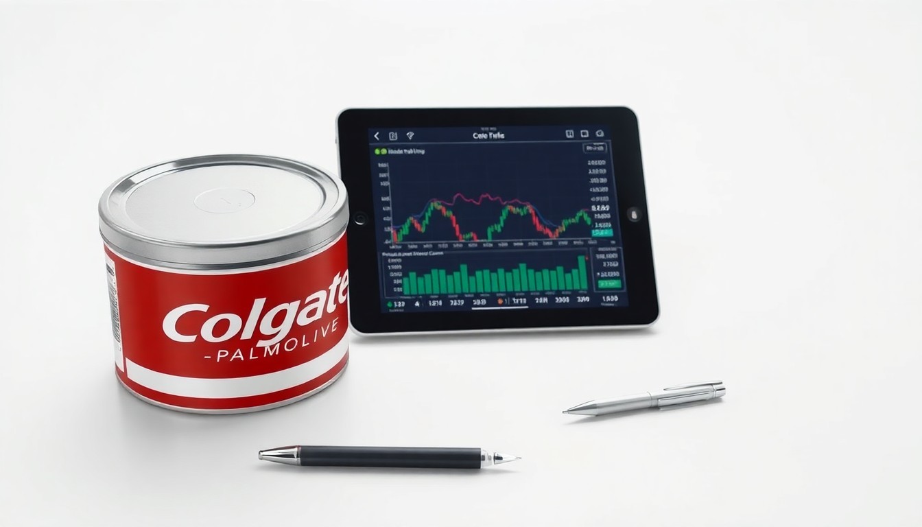 A minimalist studio still life photograph featuring a metallic Colgate-Palmolive product container, a tablet displaying financial data, and a pen, all arranged elegantly on a clean, monochromatic background to symbolize the company's corporate strategy and market performance.