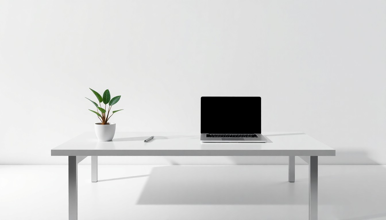 A sleek, modern office desk with a laptop, pen, and a small potted plant, arranged elegantly on a clean, monochromatic background, conceptually representing the abstract corporate strategy and investment behind a new urban development.