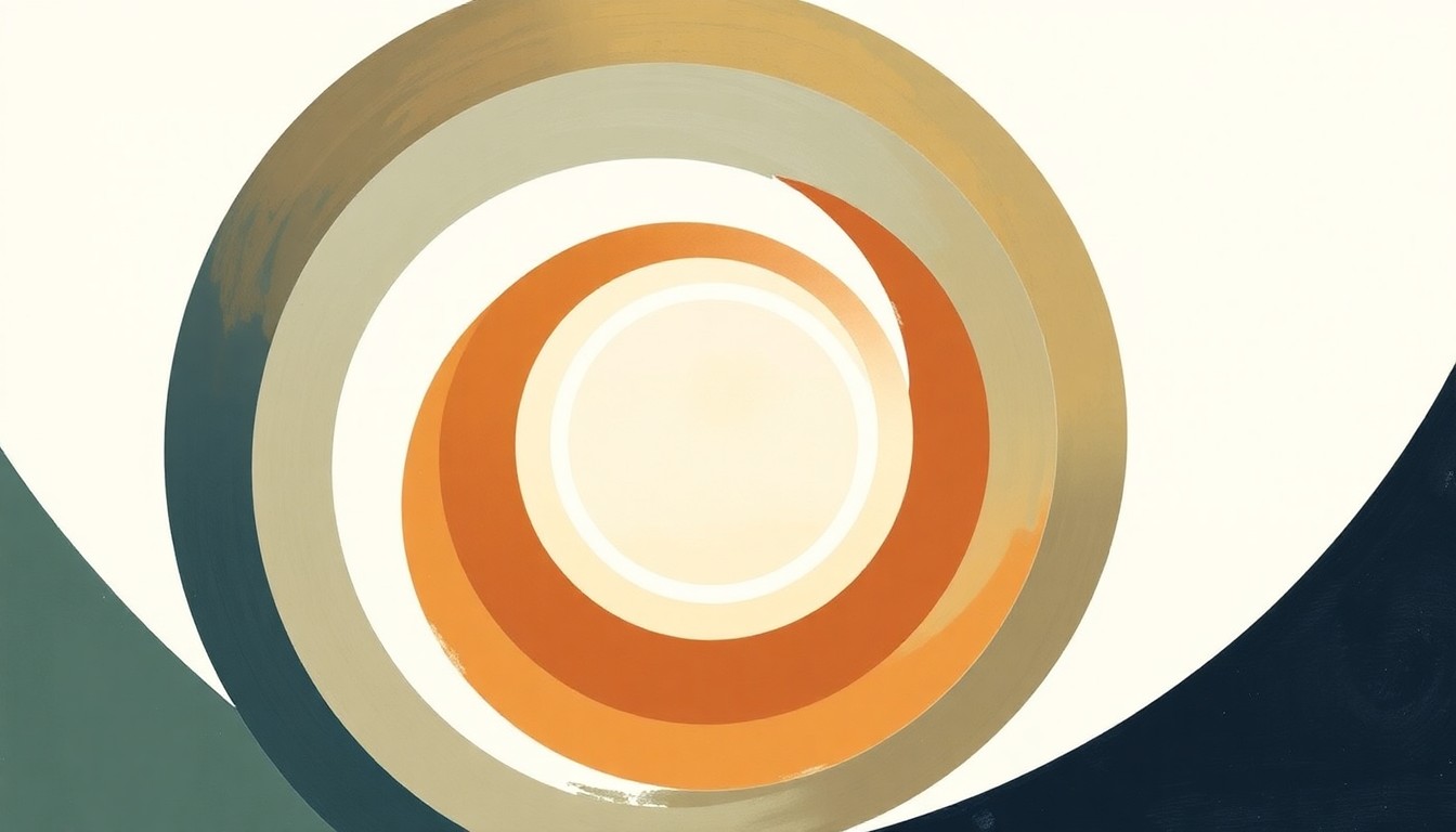 An abstract painting in muted earth tones featuring sweeping geometric shapes, concentric circles, and precise spirals, conveying the structural complexity and focused energy of the Meta-NFS microwave printing technology.