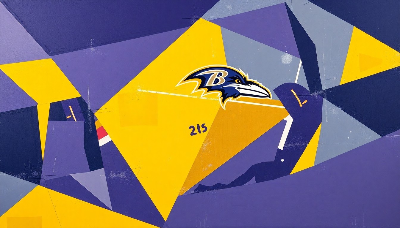 A fragmented, geometric painting depicting a Ravens football game, with sharp planes of color representing the intense physical demands of the team's practices.