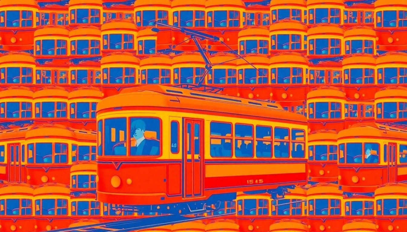 A stylized, high-contrast silkscreen illustration of a vintage electric streetcar repeated in a grid pattern, using a bold, neon color palette to capture the innovative spirit of inventor Granville T. Woods.