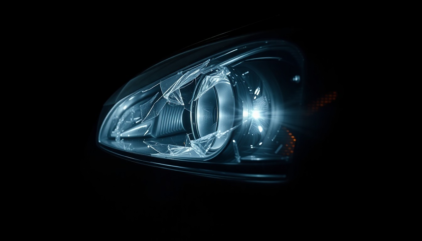 An extreme close-up photograph of a damaged car part such as a shattered headlight or crumpled fender, lit by a harsh, direct camera flash against a pitch-black background, conceptually illustrating the aftermath of a fatal single-vehicle crash.