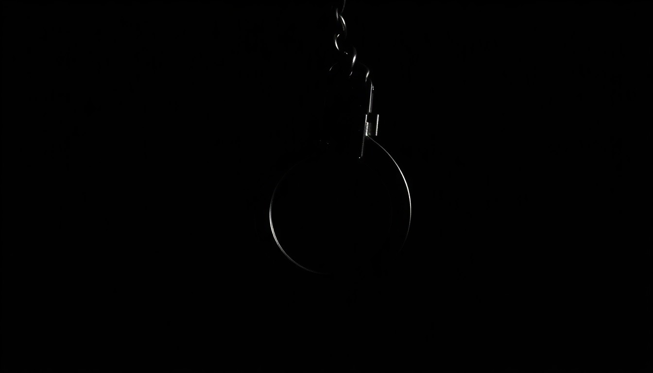 An extreme close-up photograph of a single handcuff against a pitch-black background, lit by a harsh, direct camera flash, creating a stark, investigative aesthetic.
