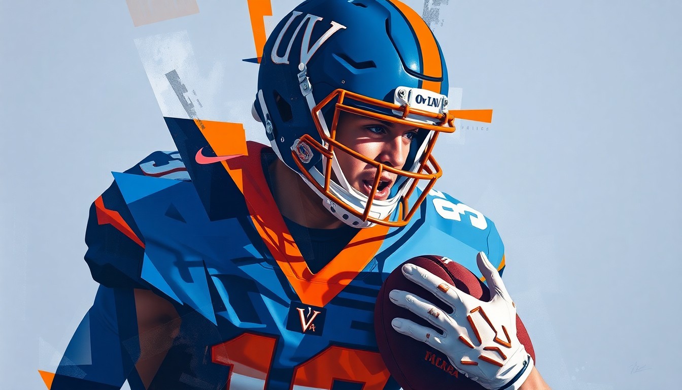 A fractured, geometric painting depicting a Virginia Cavaliers football player in action, with sharp planes of blue and orange representing the team's uniform colors.