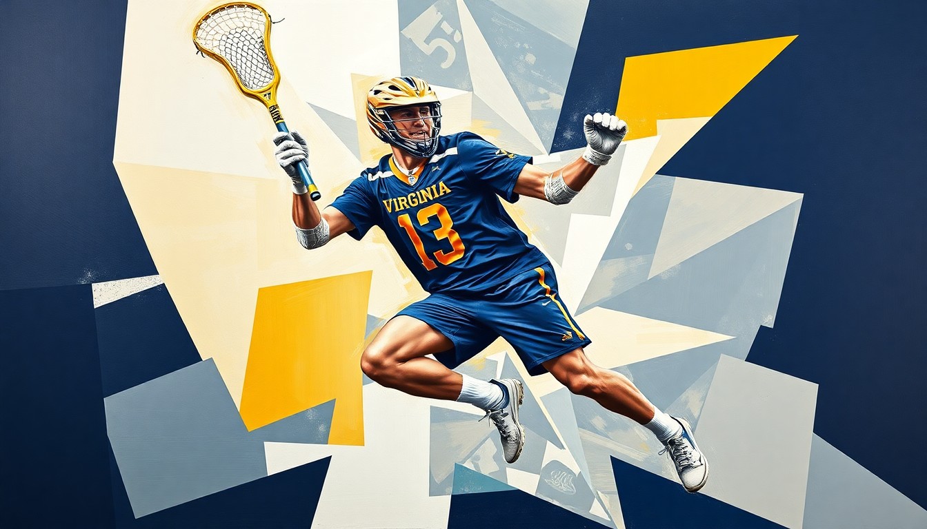 A fragmented, geometric painting depicting a lacrosse goalie making a dramatic save, with sharp planes of navy blue, gold, and white representing the University of Virginia's team colors.