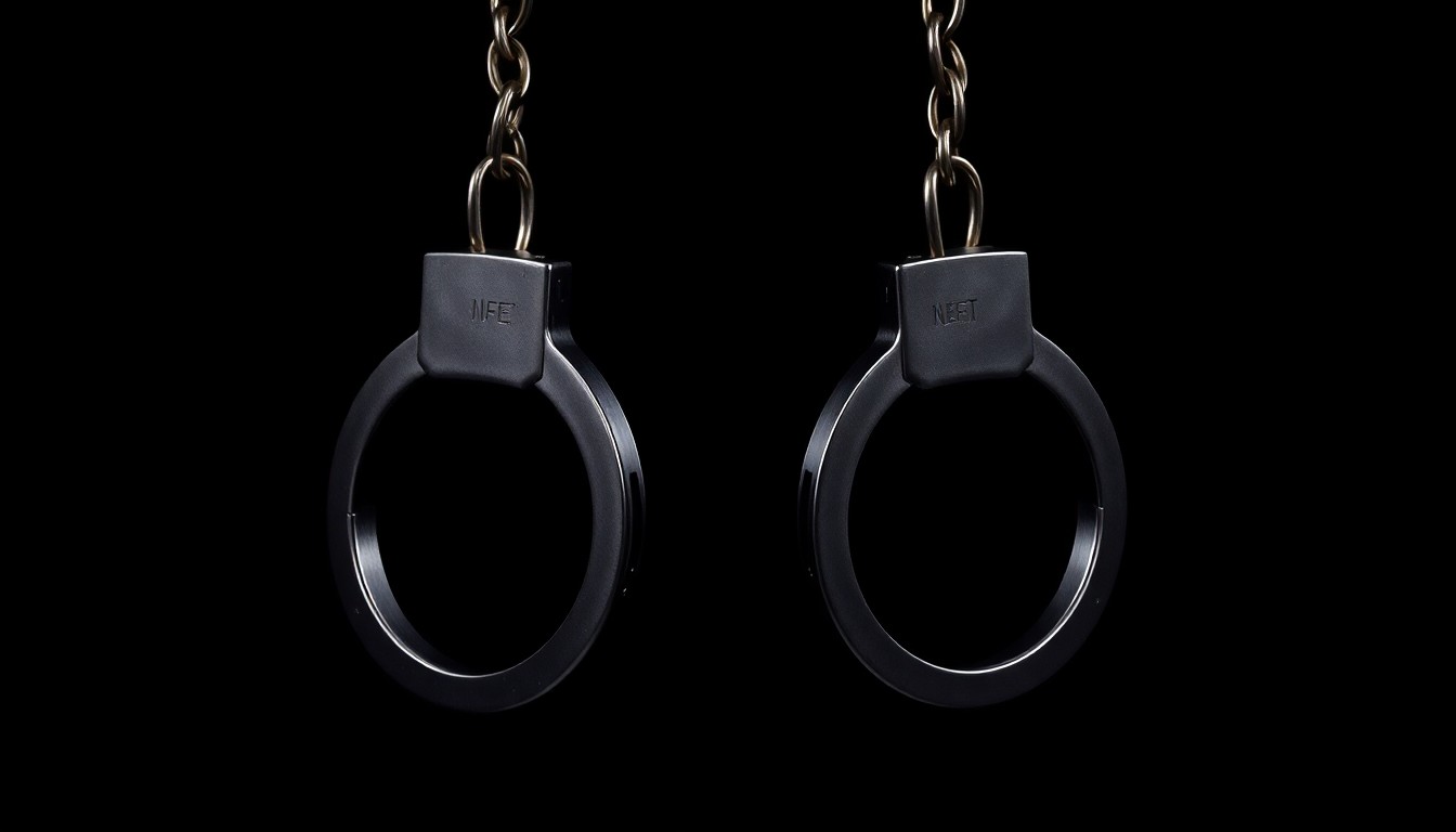 An extreme close-up photograph of a set of handcuffs against a pitch-black background, lit by a harsh, direct camera flash, conveying a sense of the serious and investigative nature of the crime.