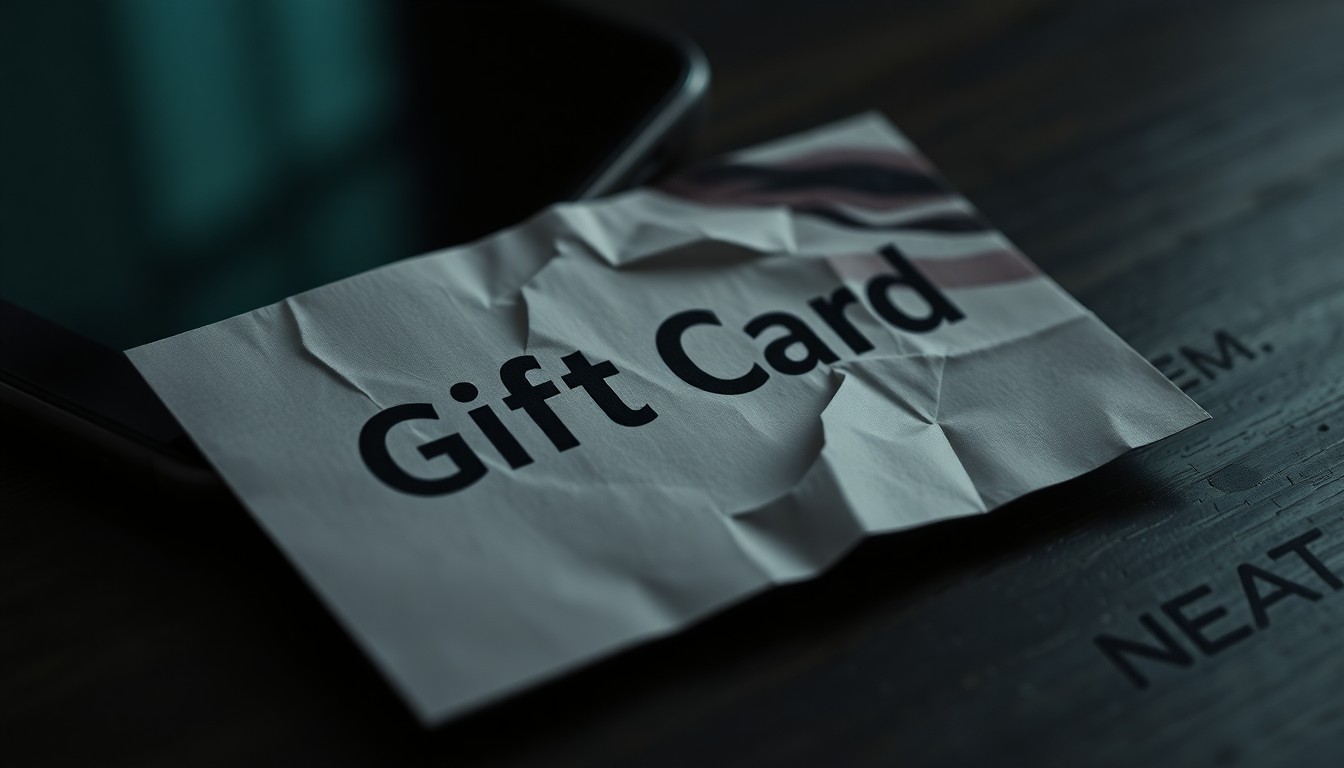 An extreme close-up photograph of a crumpled gift card with a faint reflection of a phone screen, conceptually representing the gritty details of a phone scam investigation.