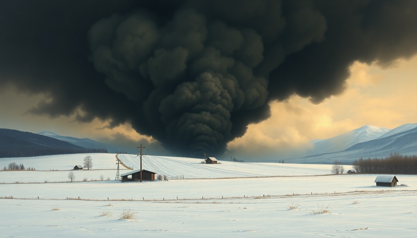 A sweeping, atmospheric landscape painting in muted tones of gray, white, and black, with a massive plume of dark smoke rising up from a small structure in the distance, conveying the overwhelming, melancholic power of a natural disaster.