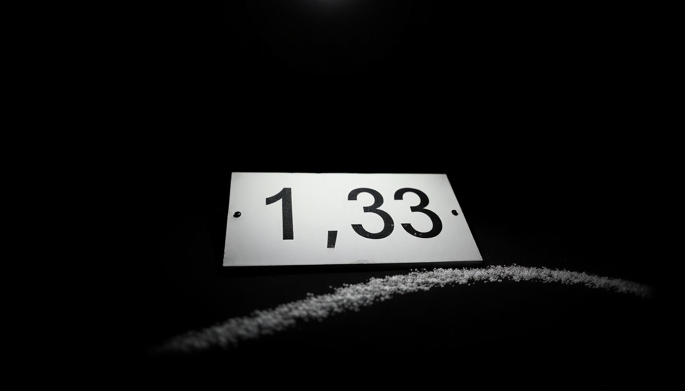 An extreme close-up of a police evidence marker, such as a numbered placard or chalk outline, lit by a harsh, direct camera flash against a pitch-black background, conveying a stark, gritty, and investigative aesthetic.