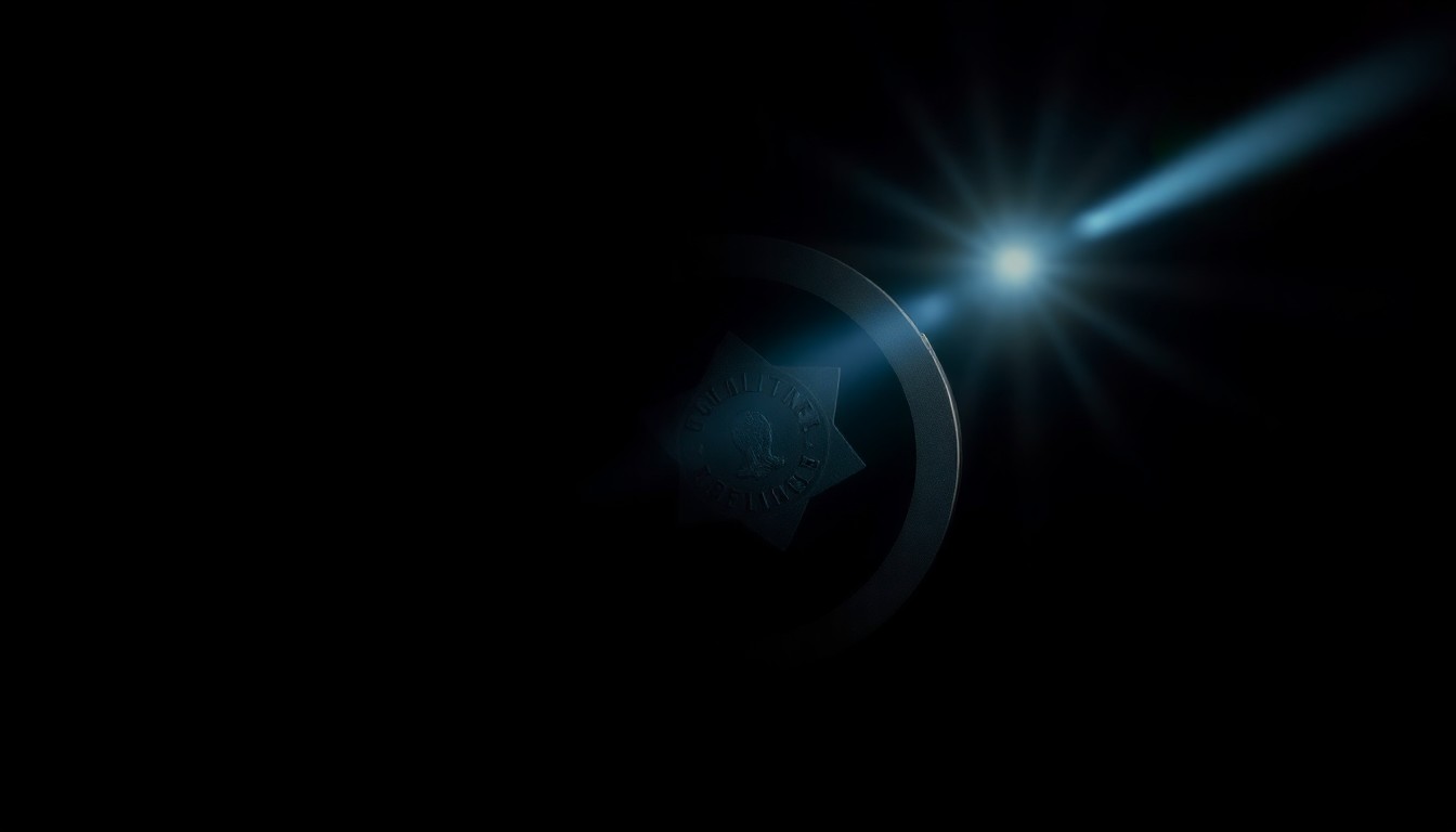 An extreme close-up of a police badge or handcuffs, the metal surface reflecting the harsh light of the camera flash, creating a stark, gritty, investigative aesthetic.