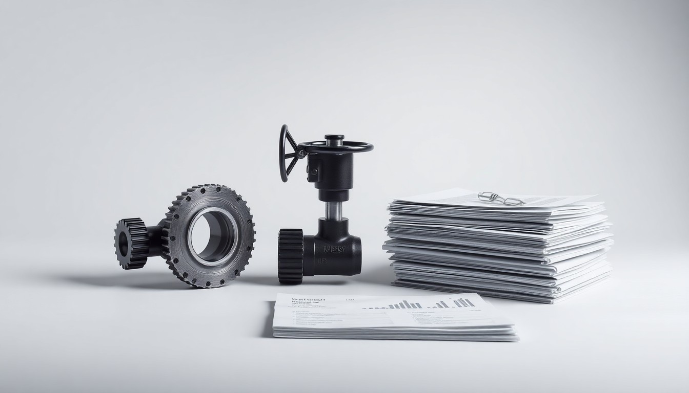 A minimalist studio still life photograph featuring a polished metal gear, a sleek black rail car valve, and a stack of financial documents, symbolizing the corporate strategy and operations of Kelso Technologies.