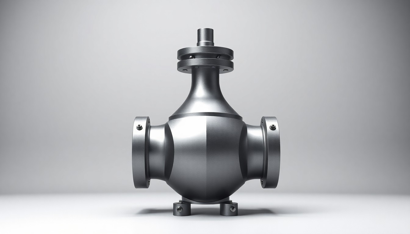 A photorealistic studio still-life image featuring a polished, geometric metal object representing a heavy oil extraction pump or valve, arranged elegantly on a clean, monochromatic background with dramatic lighting and shadows to symbolize Chevron's strategic consolidation of its Venezuelan heavy oil assets.