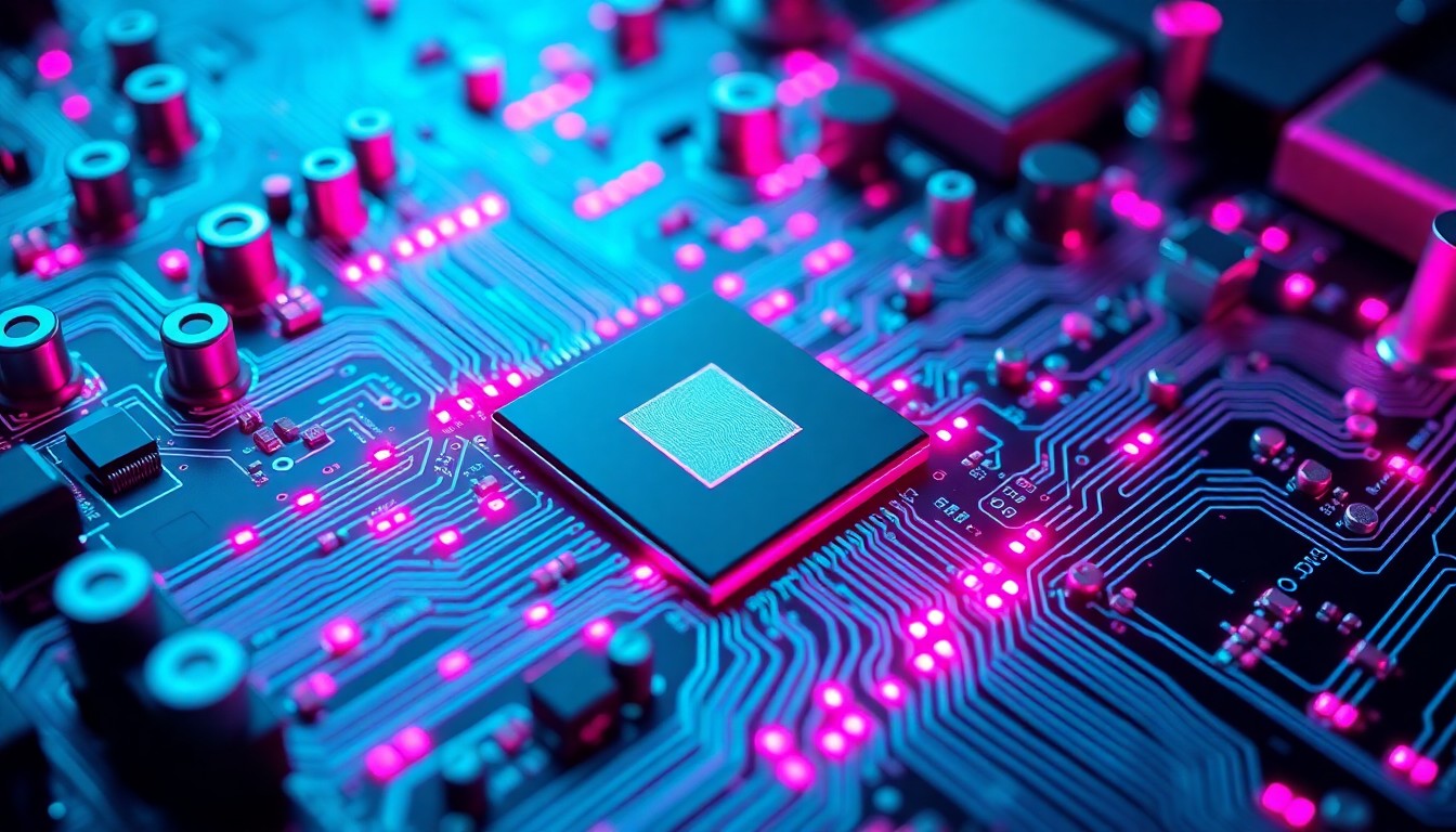 A detailed 3D macro illustration of a complex circuit board illuminated by pulsing neon cyan and magenta lights, conceptually representing the rapid advancements in AI hardware and infrastructure driving the current technological revolution.