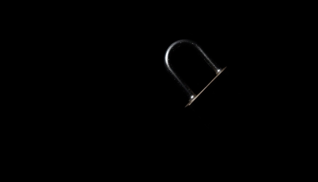 An extreme close-up photograph of a broken bike lock against a pitch-black background, lit by a harsh, direct camera flash, conceptually representing the vulnerability of Walla Walla residents to property crimes.