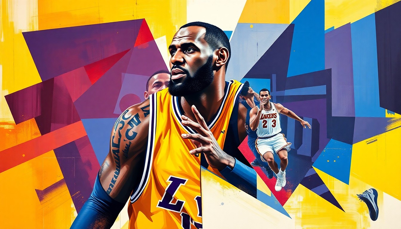 A fragmented, geometric painting depicting LeBron James' basketball movements and legacy, with overlapping planes of color representing the Lakers and Cavaliers uniforms.