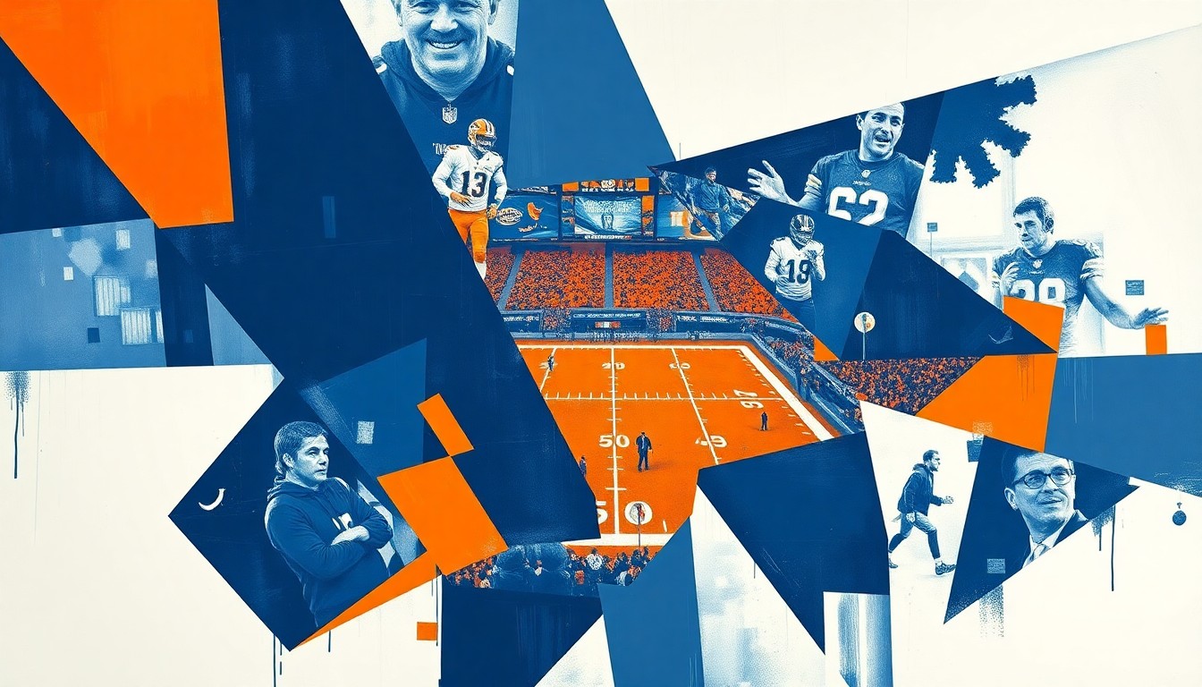 A cubist, geometric painting depicting fragmented, overlapping shapes and planes in navy blue, orange, and white, conceptually representing the strategic approach of the Bengals' 2026 NFL Draft class.