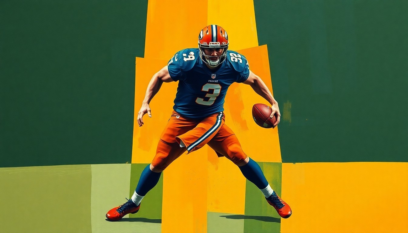 A fractured, geometric painting depicting a football player in action, their body broken down into overlapping planes of earthy green, navy blue, and burnt orange hues, conveying the raw energy and dynamism of the sport.