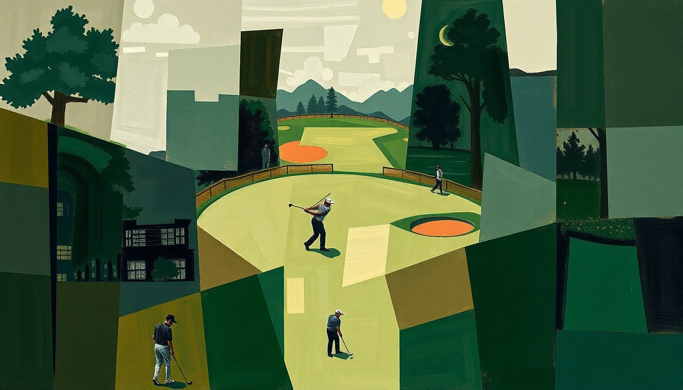A fragmented, geometric painting in muted tones depicting an abstract golf scene, conveying the turbulent state of the LIV Golf league.