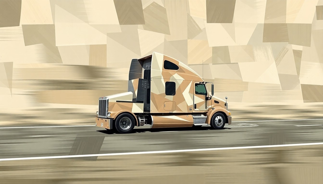A dynamic, fragmented painting of a semi-truck in motion, its forms repeating and blurring across the frame in a conceptual representation of the debate around language requirements for commercial drivers.