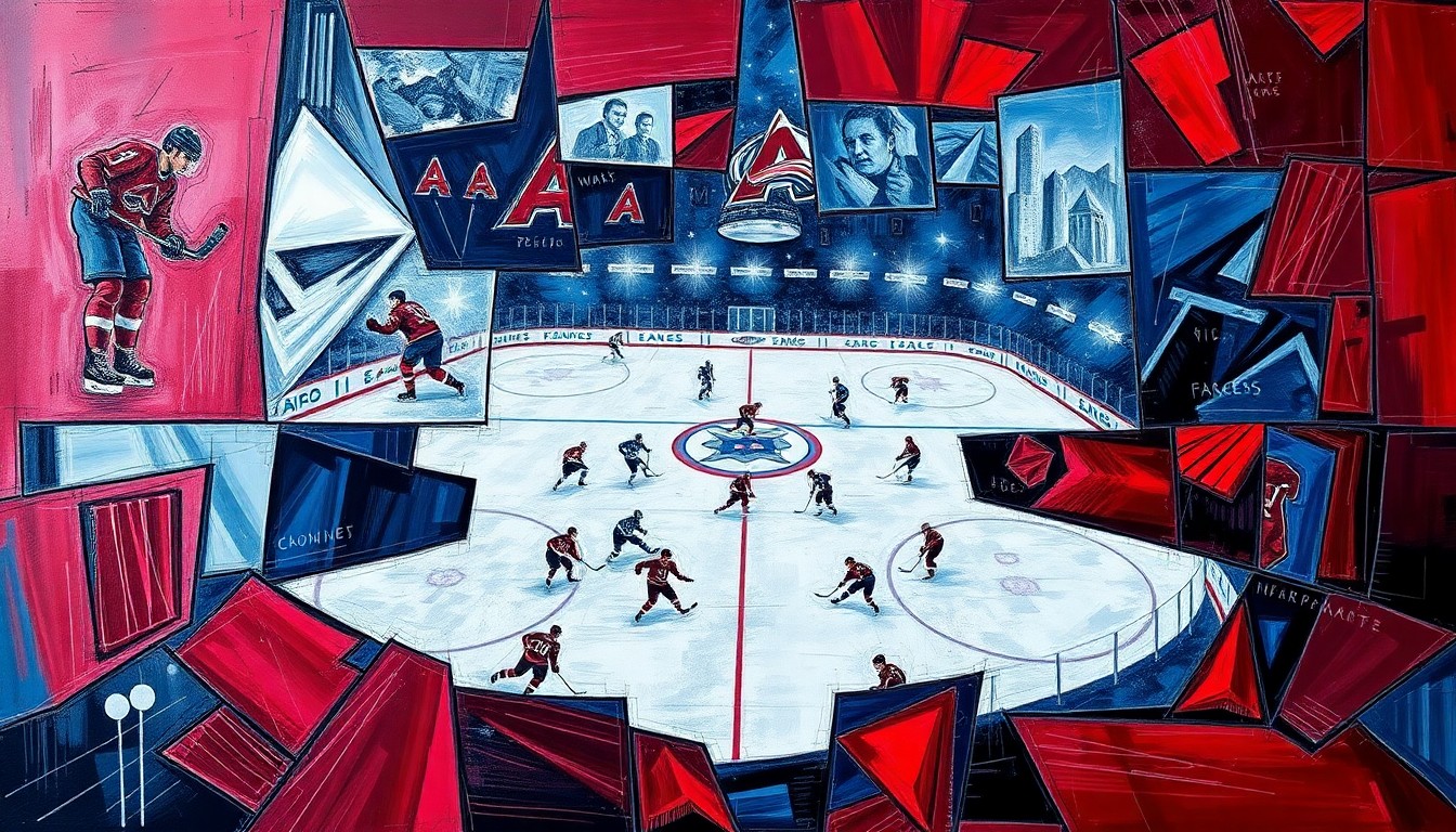 A cubist, geometric painting depicting a hockey game between the Colorado Avalanche and Los Angeles Kings, with the players and action broken down into sharp, overlapping planes of color in shades of burgundy, navy, and silver.