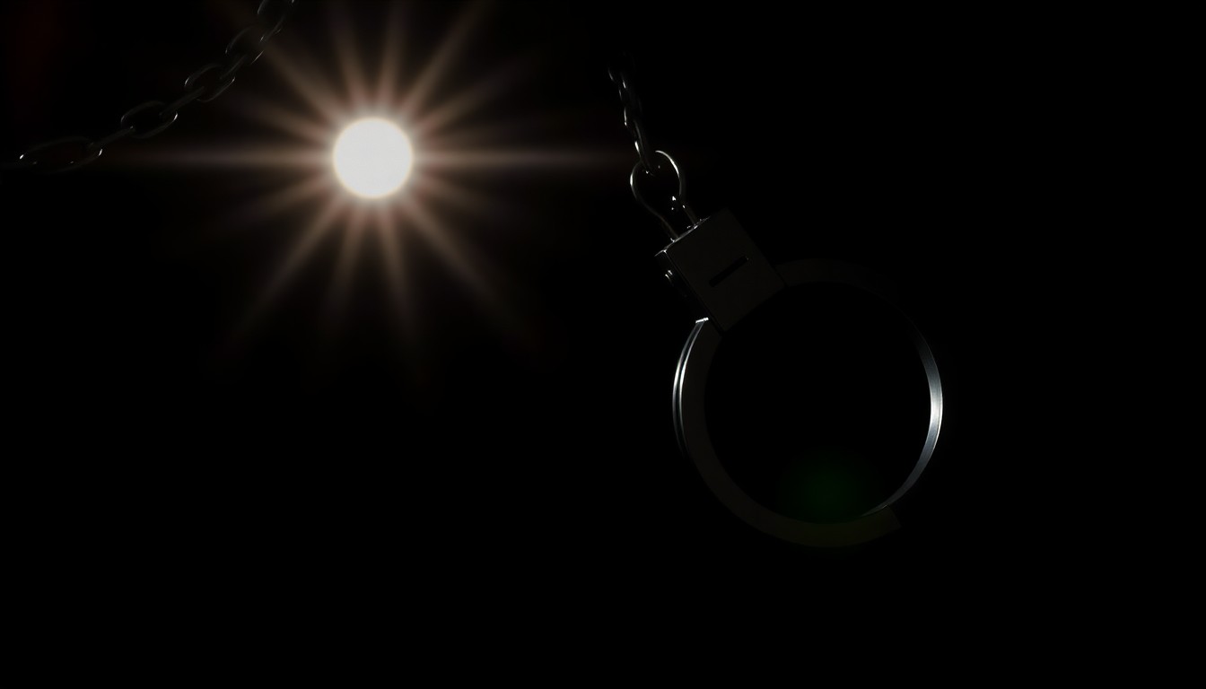 An extreme close-up photograph of a pair of handcuffs against a pitch-black background, creating a stark, gritty, investigative aesthetic through the use of harsh, direct flash lighting.